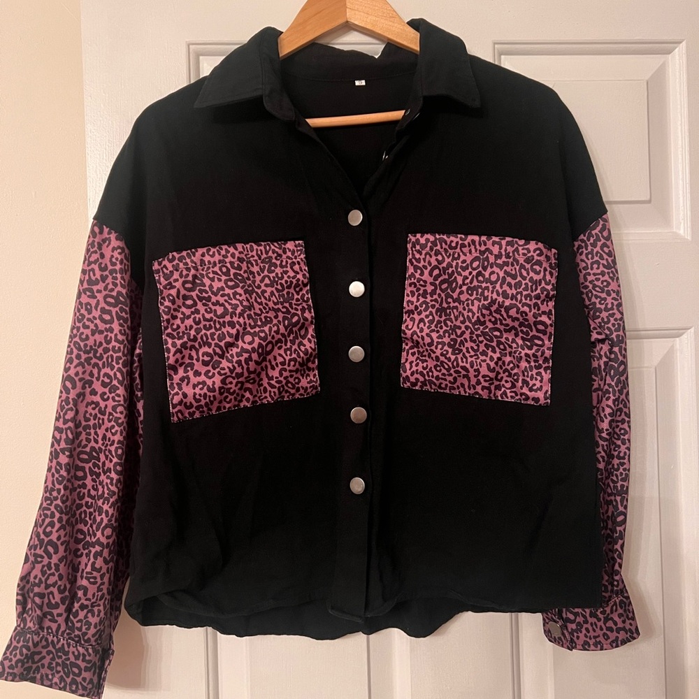 Black denim button down with leopard sleeves